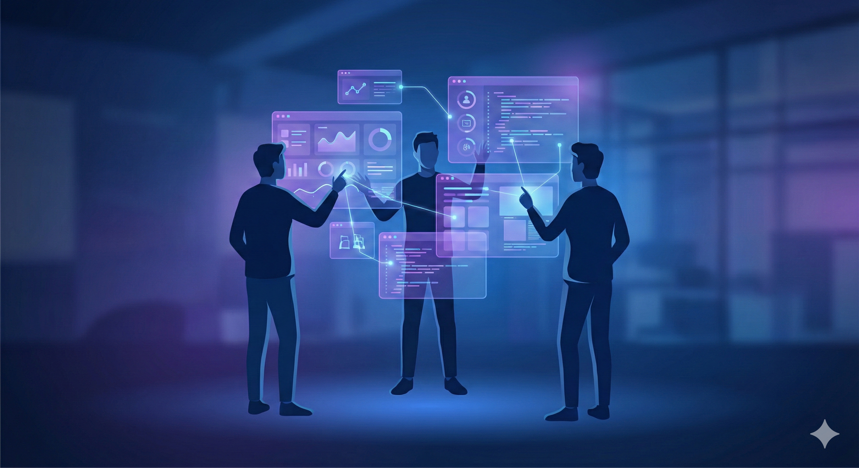 Abstract illustration of the Melon Sync team collaborating with futuristic interfaces